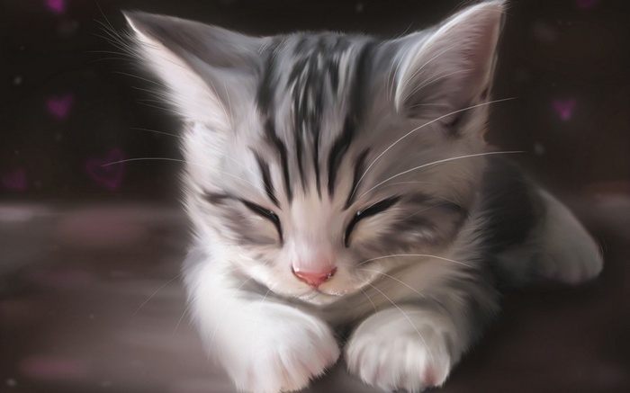 Artwork of a sleeping tabby kitten with pink hearts