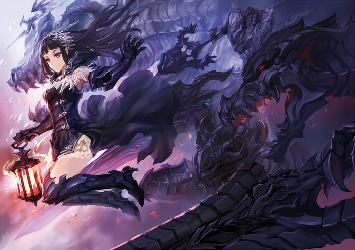 Anime girl with dark dress and lantern fighting dragons