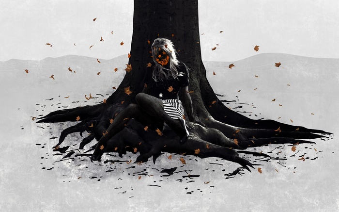 Woman sitting on tree roots with falling leaves