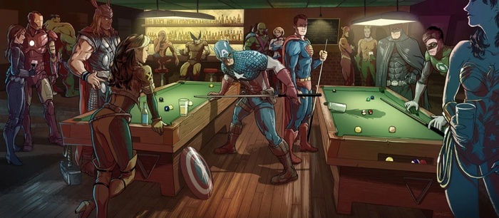 Superheroes playing pool in a bar