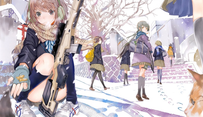 Anime girls with guns in the snow