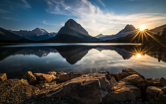 reflection, Glacier National Park, rock, landscape, sun rays, water, national park, valley, clouds, calm, nature, lake, stones, sunset, mountains