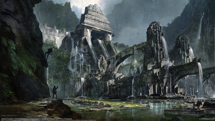 Ancient ruins with waterfalls and explorers