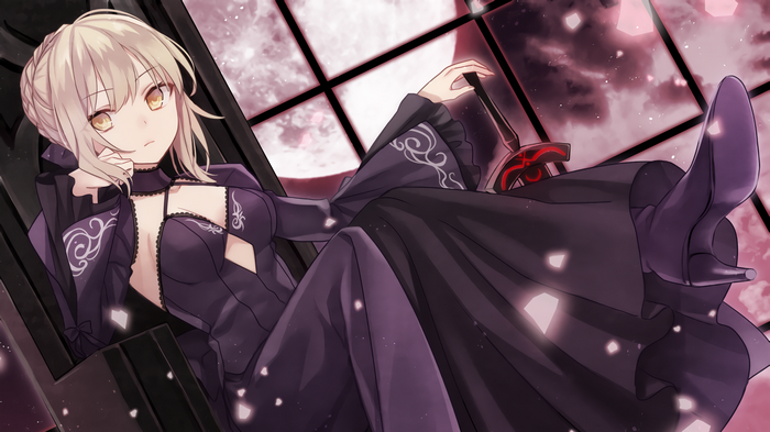 Saber Alter in a dark dress with a sword