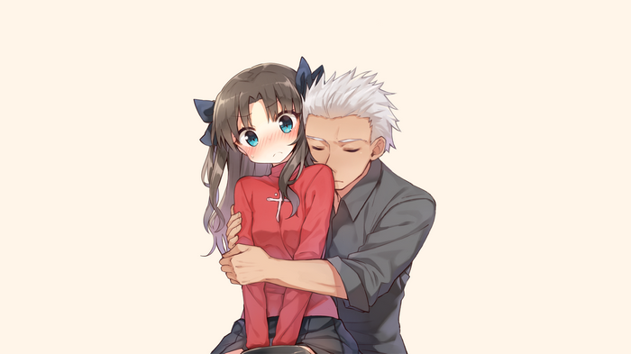 Tohsaka Rin and Archer hugging