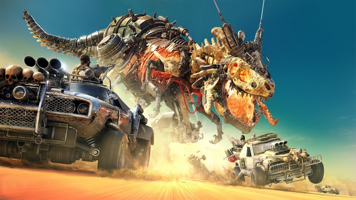 artwork, machine, metal, dinosaurs, Tyrannosaurus rex, harpoons, skull, car, sand, offroad, robot, desert, digital art, skeleton, battle, T-Rex
