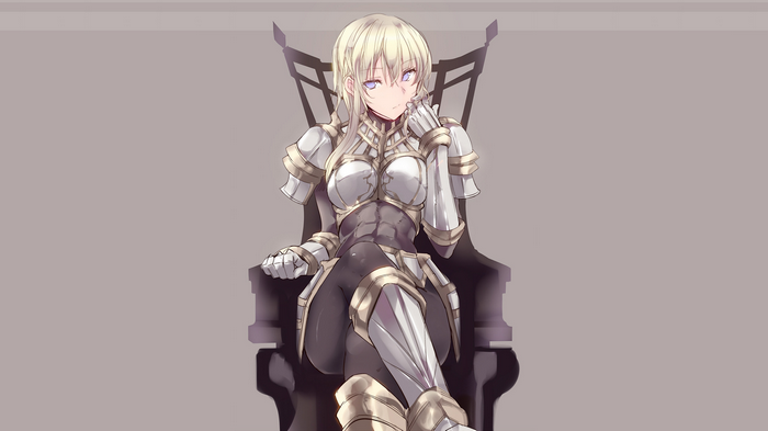 blonde, simple background, armor, legs crossed, sitting, blue eyes, original characters, anime girls, anime, abs