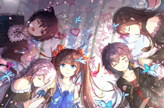 twintails, Cattleya, tie, nekomimi, flower petals, ribbon, jewelry, short hair, sleeping, butterfly, Pixiv Fantasia T, anime girls, anime, original characters, long hair, Ling, Tian Ling Qian Ye, headband