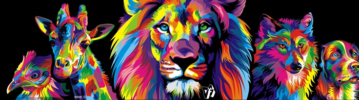 Colorful animals including a lion, giraffe, wolf, and dogs