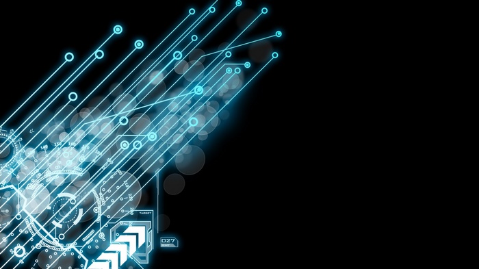 Abstract blue circuit board with bokeh effect