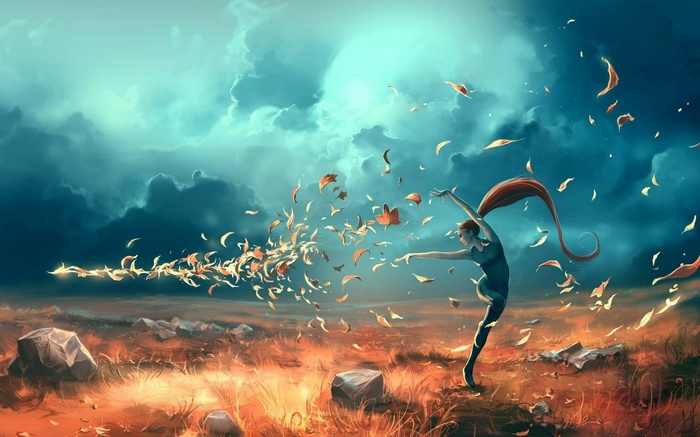 Fantasy art of a woman dancing with leaves