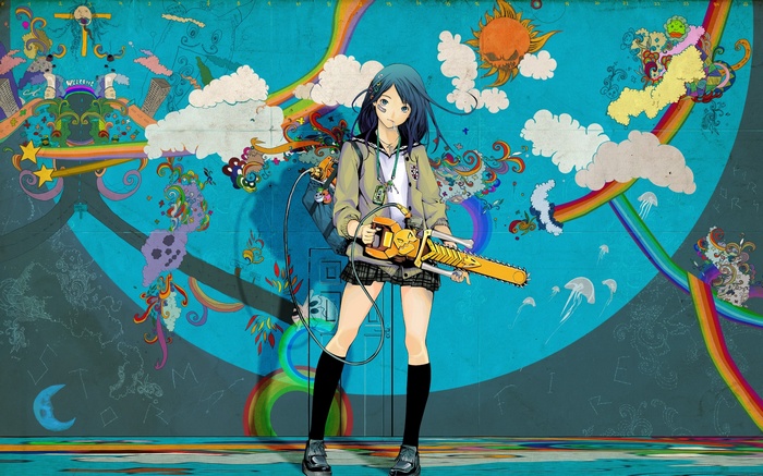 Anime girl with chainsaw against colorful mural