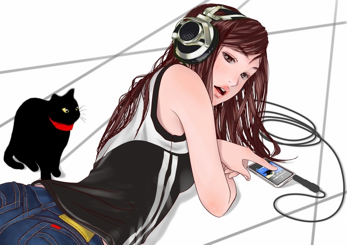 Anime girl with headphones and black cat