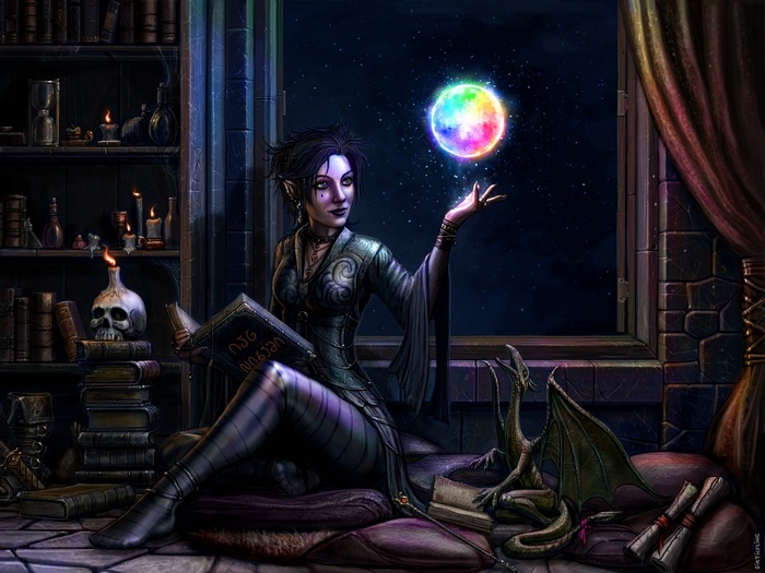 Witch reading a book with a dragon and a magical moon
