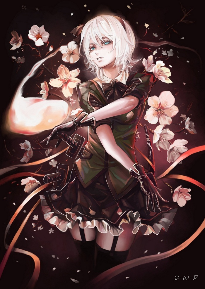 Konpaku Youmu surrounded by cherry blossoms