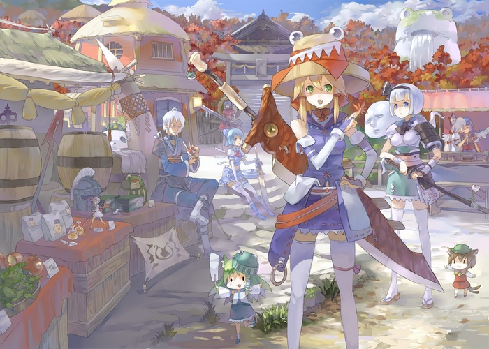 Anime girls in a fantasy village with frog motifs