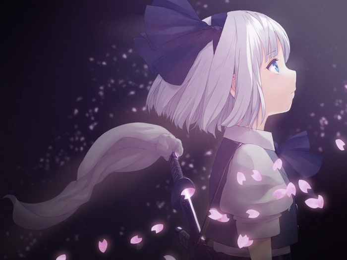 Konpaku Youmu from Touhou with falling cherry blossoms