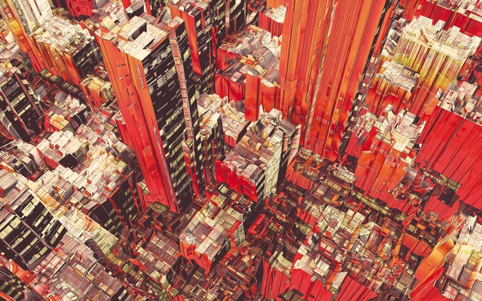 Digital art cityscape with red skyscrapers by Atelier Olschinsky