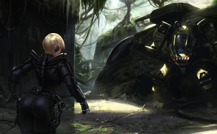 Cyberpunk artwork of a woman facing a mech