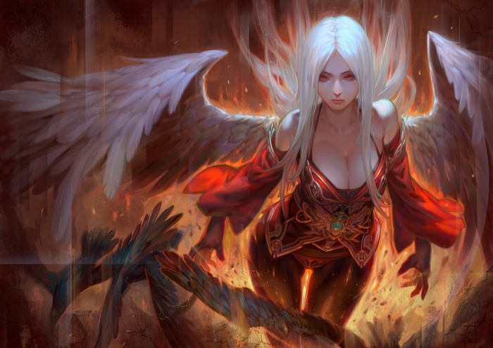 Fantasy art of a winged woman with white hair
