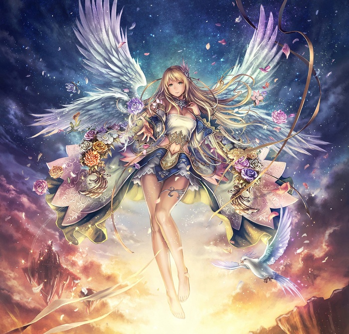 Fantasy art of an angel with wings and flowers