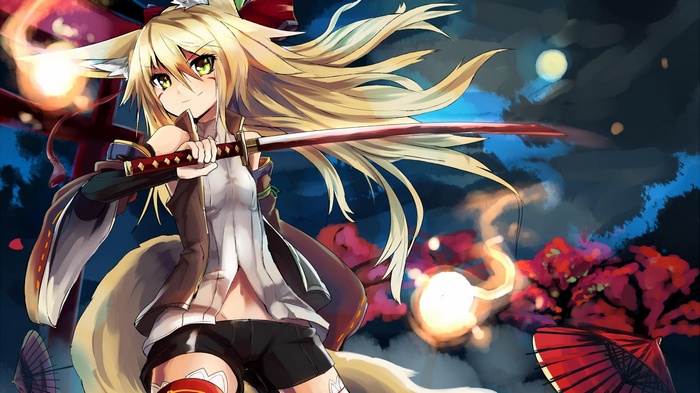 Kokonoe Tsubaki, sword, kitsunemimi , anime, anime girls, katana