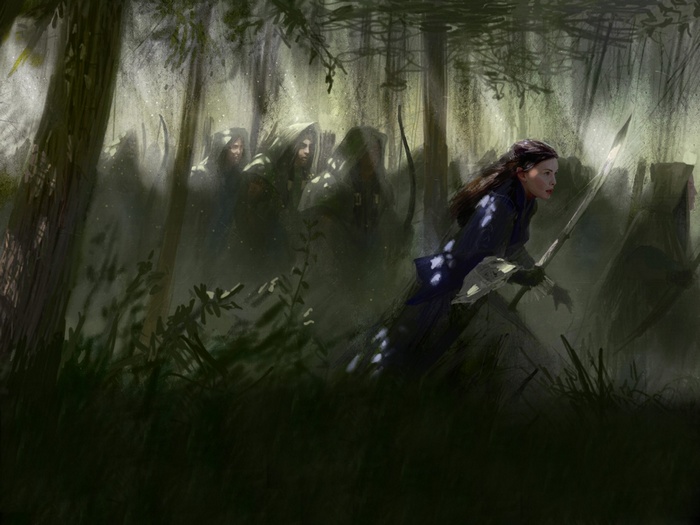 Arwen and Elves marching through a forest