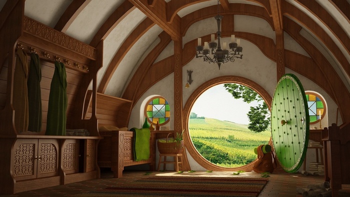 Bag End interior with round door and view of The Shire