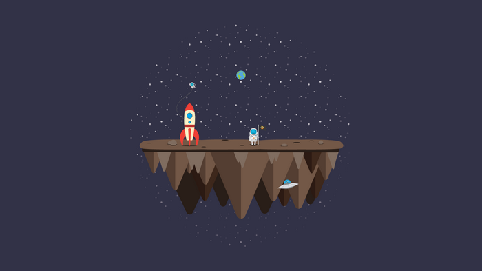 Astronaut on a floating island with a rocket and UFO