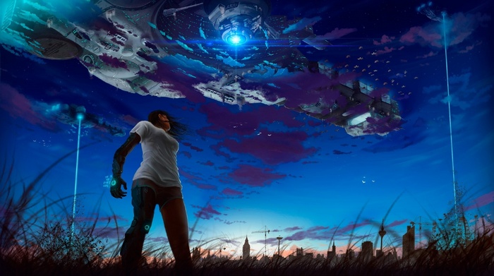 Girl with cybernetic arm looks up at alien spaceship
