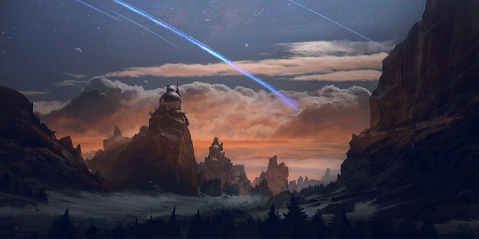 Fantasy landscape with mountains, clouds, and shooting stars