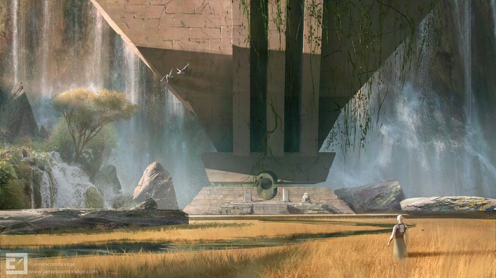 Fantasy landscape with ancient structure and waterfalls
