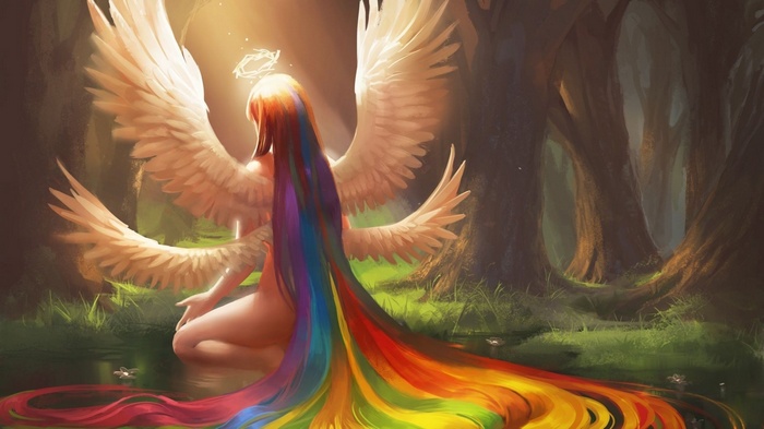 Angel with rainbow hair in a forest