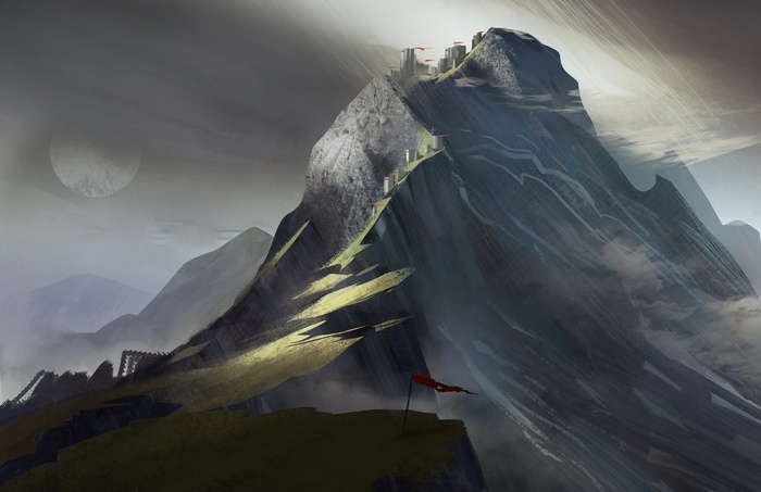 Fantasy mountain pass with a castle on a peak