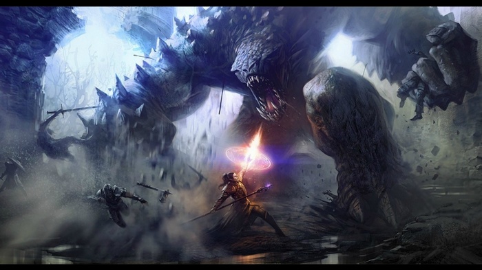 Fantasy art of warriors fighting a giant troll