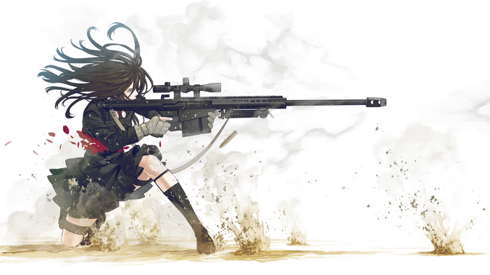 Girl with sniper rifle firing a shot