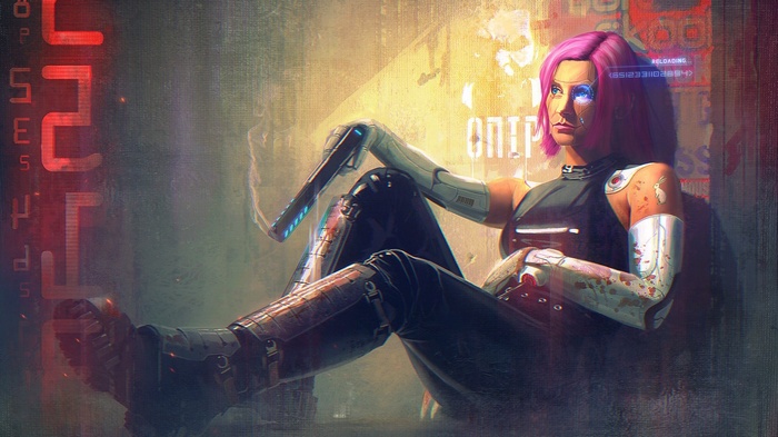 Cyberpunk woman with robotic arm and eye