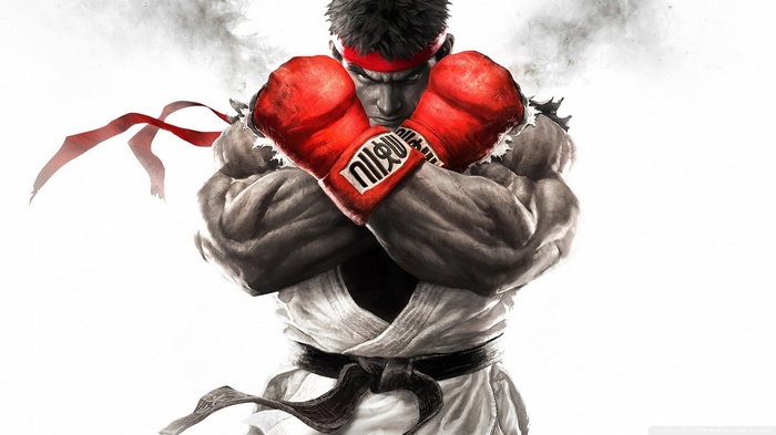 Ryu from Street Fighter with red boxing gloves