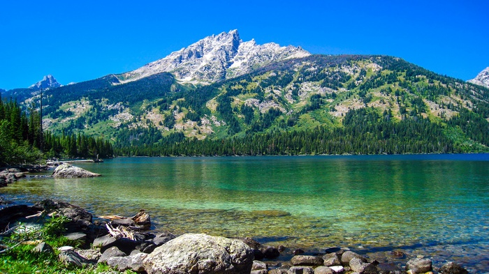 Clear lake in front of a majestic mountain range