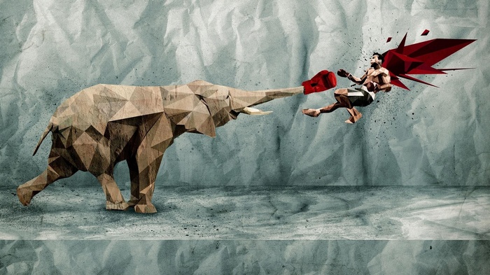 Low poly elephant fighting a boxer