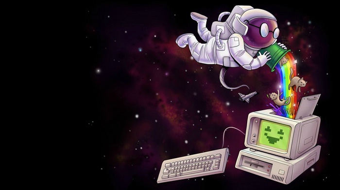 Astronaut pouring rainbow cats from a bucket into a computer