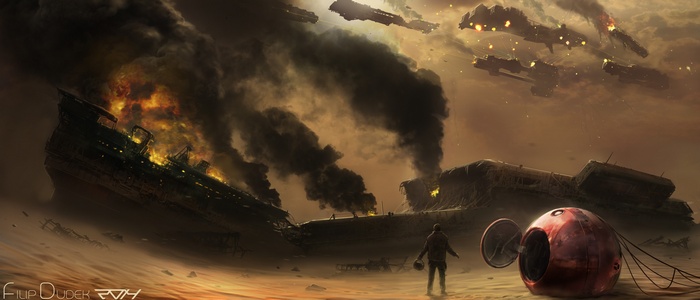 Futuristic battle scene with burning ships and spacecraft