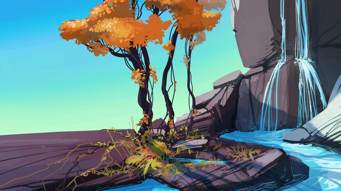 Digital art of a waterfall and trees with orange leaves