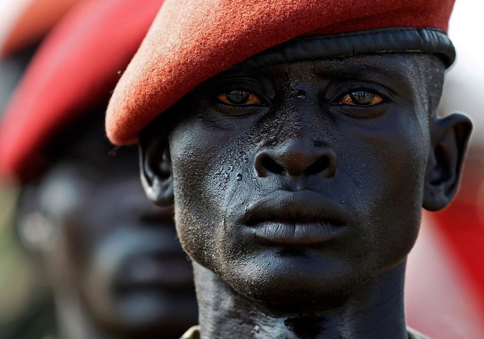 Soldier in South Sudan wearing a red beret
