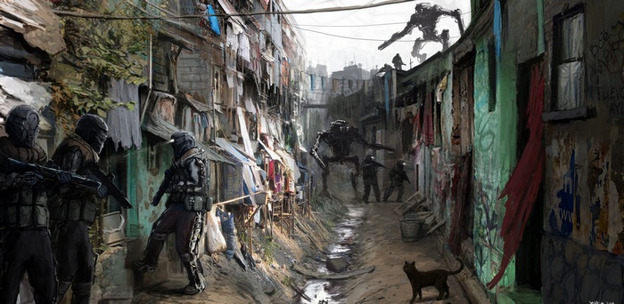 Soldiers and mech in a futuristic slum alleyway