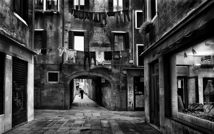 Venetian alley with laundry hanging overhead