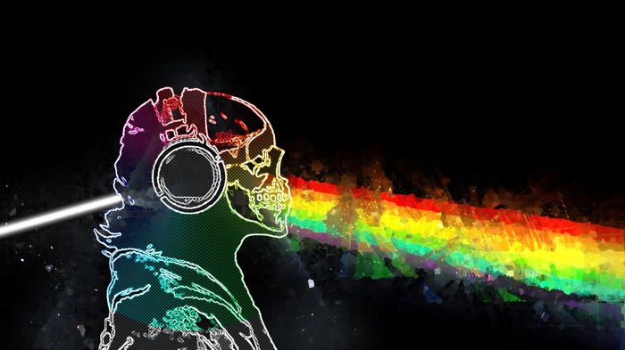 Skull with headphones and rainbow prism effect