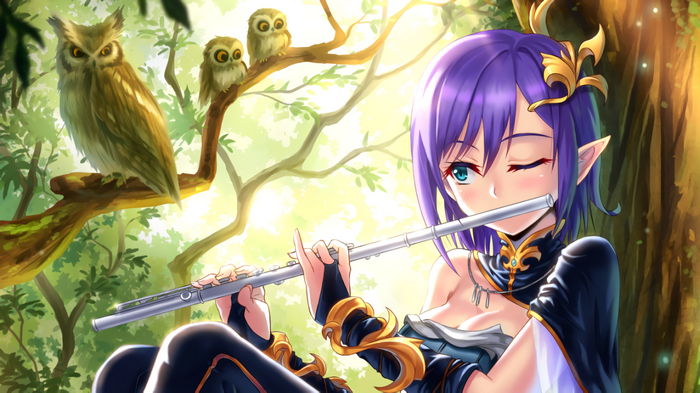 Anime elf girl playing flute with owls in forest