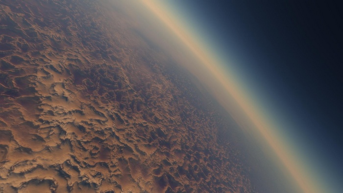 Alien planet surface from orbit with atmosphere