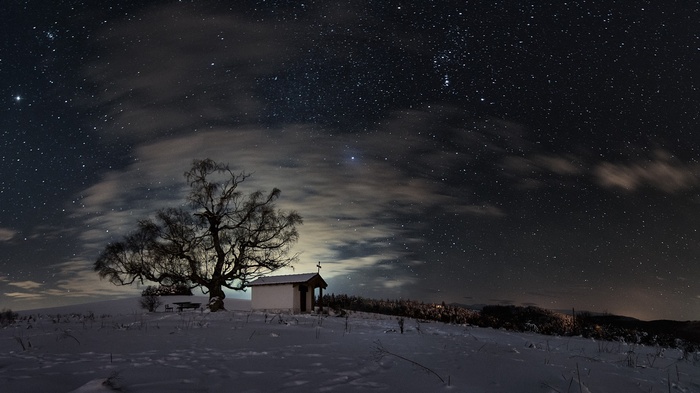 Snowy landscape with a small church and a tree under the stars